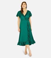 Yumi Kim Yumi Dark Green Satin Short Flutter Sleeve Ruffle Midi Wrap Dress